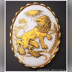 Gold Tone and White Lion Brooch
